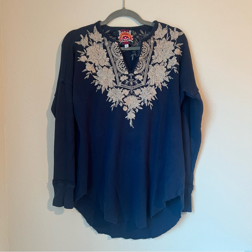 Johnny Was Christina Thermal Blue Long Sleeve Shirt Size M Waffle Knit